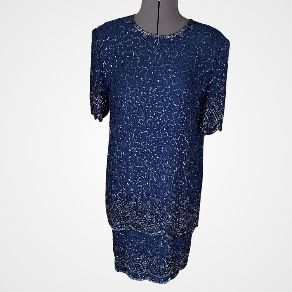 J Kara Navy Blue Beaded Sequined Tiered Scalloped Shift Cocktail Dress Formal XL